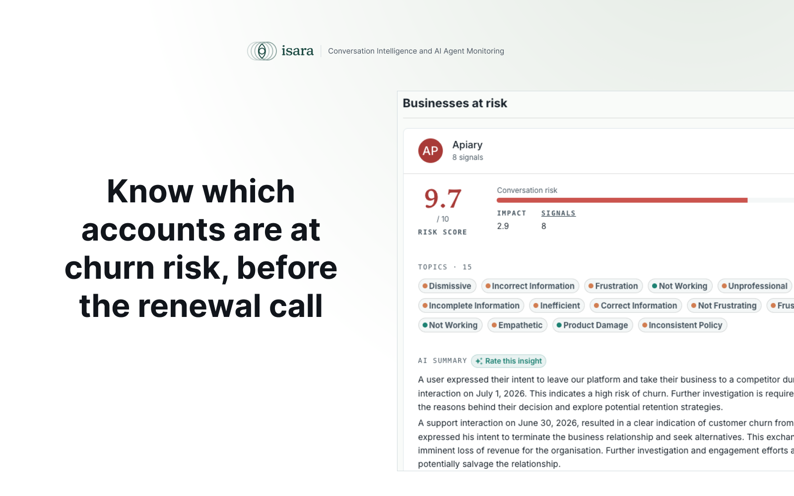 Isara dashboard showing Apiary account flagged at 9.7 churn risk score with AI-generated summary of signals.